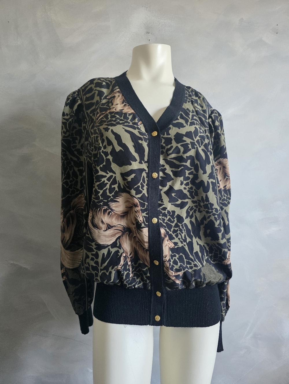 Vtg Equestrian Print Cardigan Bomber Safari Animal Print Womens L Polyester